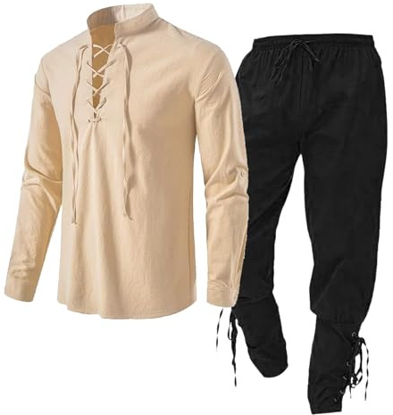 Gilet Medievale da Uomo con Camicia di Lino, Pantaloni e Cinturino alla Caviglia - Set di Abbigliamento, Tuta Sabbia/Beige, M