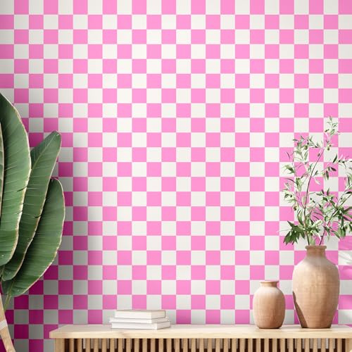 Drydiet Carta da parati a scacchi retrò rimovibile a scacchi, decorazione decorativa a scacchi, decorazione decorativa a scacchi per armadietto del bagno, mensola (rosa, 40 x 40 cm)
