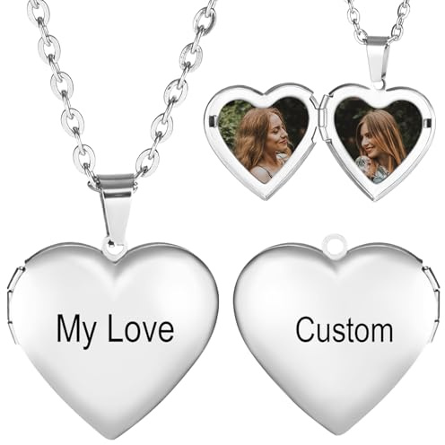 INBLUE Collana Personalizzato Medaglione per Donna Collana con Cuore Testo Foto Personalizzata Nome Inciso Collana con Ciondolo di Cuore in Acciaio Inox Gioielli Regalo per la Moglie Sorella - A1