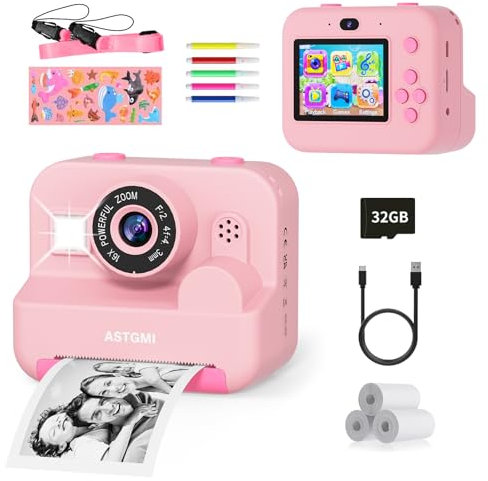 Kids Instant Print Selfie Camera for Girls,1080P HD Digital Camera for Kids with Print Paper & 32GB Card, Christmas Birthday Gifts Kids Toys for 3-12 Years Old (Pink)