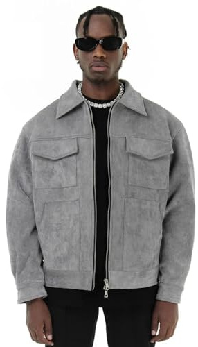 Giacca da uomo vintage in materiale scamosciato High Street con laccetto e revers a cerniera giacca corta per, grigio, S