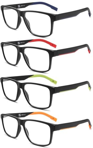 MODFANS 4 Pairs Reading Glasses Men (Blue Light Blocking) Readers Glasses Comfort Spring Hinge,Large Square Eyeglasses Color Blue/Red/Orange/Green