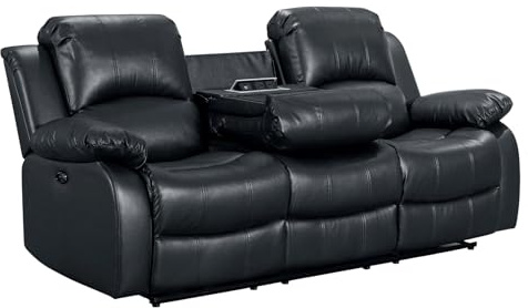 Faux Black Leather 3 Seater Recliner Sofa | 2 Seater & Drop Table Option | Footrest, Electric Sockets/USB Port & Cupholders | Easy Clean Fabric | 3 Positions & 160° Electric Recline | Valencia