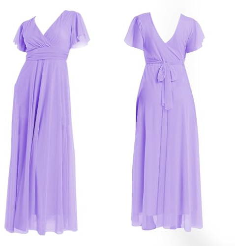 VALORIALUXE Abito Lungo Elegante Donna con Maniche Volant e Scollo a V – Vestito da Cerimonia Made in Italy (IT, Testo, Taglia Unica, Regular, Regular, Lilla)