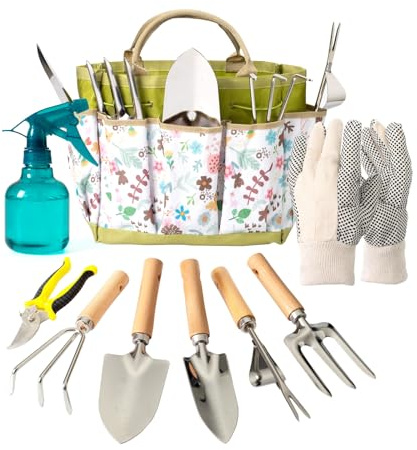 Bamworld Juego de Herramientas de Jardinería 9 Piezas, Kit Jardinería y Set Jardín de Acero Inoxidable con Bolsa, Guantes, Pulverizador, Pala, Tijeras de Podar, Rastrillo para Macetas y Huerto