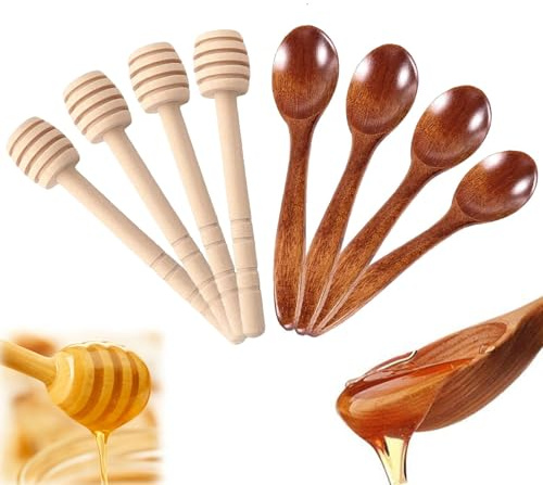 8 Pcs Wooden Honey Dippers & Spoons Set – Natural Wood Honey Stirrer Sticks and Mini Wooden Spoons for Honey, Jam, Syrup, Tea, Baking, Kitchen Use