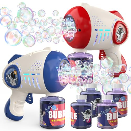 EagleStone Bubble Gun Toy for Kids 2 Pack Light Up Automatic Bubble Machine | with 8-Hole Blowers, Outdoor Toys for Toddlers Boys and Girls, Birthday Christmas Party Favors and Summer Gifts