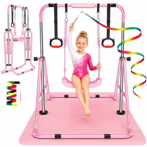 Gymnastics Bar with Mat, Kids Gymnastics Equipment Set for Home Training Use, Adjustable Gym Bar with Rings Ribbon Wands Swing Seat for Indoor Outdoor Garden Gym Toys Games for 3-7 year old Girls