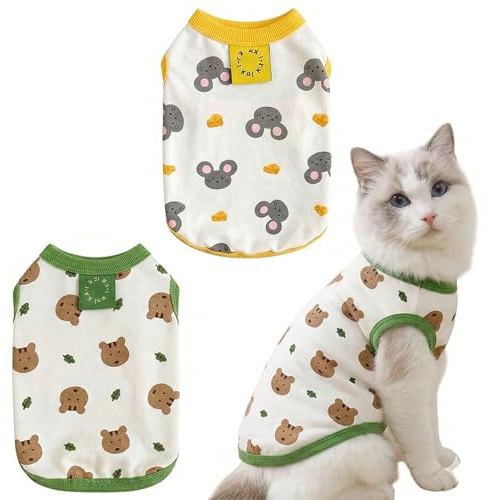 RVYEIOP 2 Pezzi Vestiti per Gatti e Body Post Operatorio Gatto, Tutina Gatto Post Sterilizzazione Traspirante, Maglia Protettiva Anti-Leccamento per Gatti Piccoli, Taglia L (Busto 45cm, Schiena 35cm)