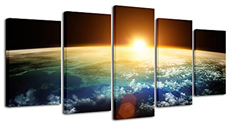 Pyradecor The Earth Canvas Prints Wall Art Outer Space Pictures Paintings Ready to Hang for Living Room Bedroom Home Decorations 5 Panels Modern Stretched Universe Landscape Artwork