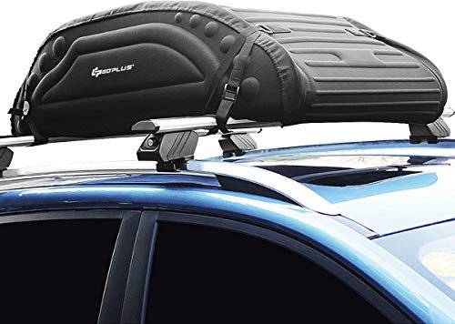GOPLUS Coffre de Toit Voiture Pliable, 4 Cordons d’Attachement, Sac de Toit Voiture Utilisable avec ou sans Barre de Toit, Surface Imperméable, Charge 60KG, Sac de Transport, Sangle de Sécurité Dedans