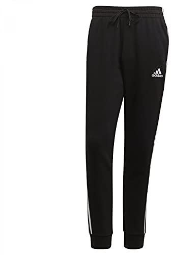 adidas Men's Essentials Fleece Tapered Cuff 3-Stripes Pants, Black/White, L