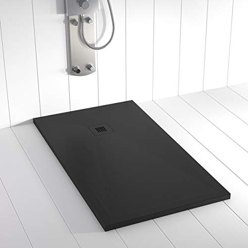 Plato de ducha resina PLES desagüe centrado color Negro 160x70 textura pizarra antideslizante rejilla del mismo color con válvula