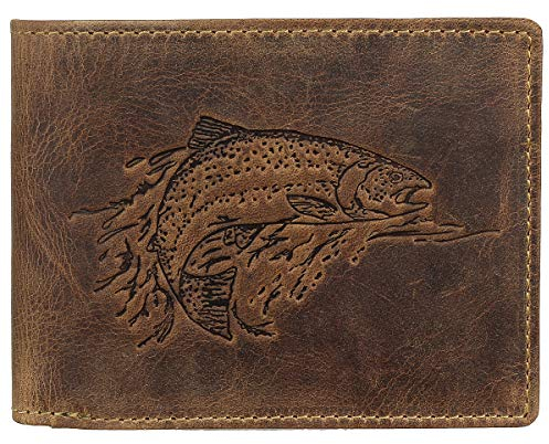 Greenburry Vintage Huntsman Trophy RFID Leder Geldbörse Portemonnaie Geldbeutel Portmonee BV-1705-HT-Fish Fisch Forelle Trout, Farbe:Braun