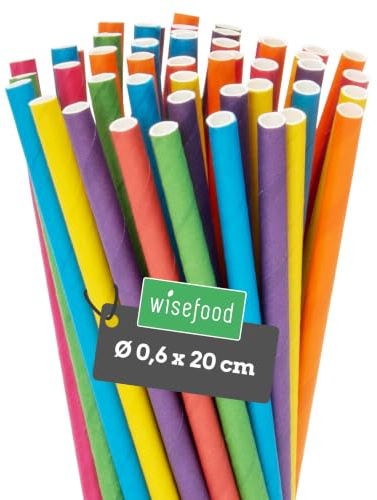 wisefood Papperssugrör, 500 stycken (5 x 100 st.) färgglada sugrör, Ø 6 mm x 20 cm, fri från PLA/PE, biologiskt nedbrytbara engångssugrör av robust papper