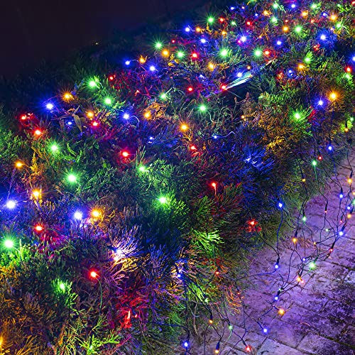 Dazzle Bright Christmas Net Lights, 360 LED 12FT x 5 FT Green Wire Waterproof Connectable String Lights with 8 Modes, Christmas Outdoor Light for Bushes Garden Holiday Decoration (Multi-Colored)