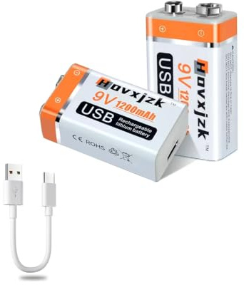 Hovxjzk USB 9V Rechargeable Battery, USB Quick Charge in 1.5 Hours, High Capacity 1200mAh Square Lithium Batteries with Type C Port Cable (2-Packs)