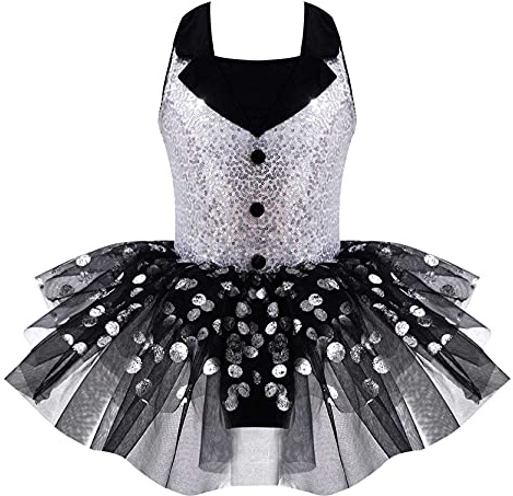 inlzdz Girls Kids Sequins Straps Back Tuxedo Leotard Tutu Dress Ballet Jazz Latin Modern Dance Performance Circus Costume Black 9-10 Years