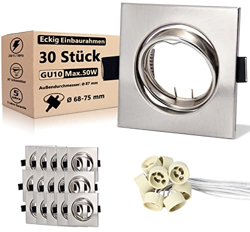 Allesgute 30er Einbaustrahler Rahmen GU10 Set Schwenkbar Eckig 230V Einbauleuchte Einbaurahmen in Edelstahl Gebürstet Optik Mit GU10 Fassung für LED oder Halogen Leuchtmittel