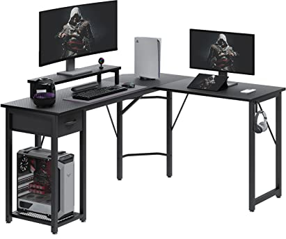 TREETALK Computer desk, L-shaped Desk with Large Monitor Stand,Switchable PC Laptop Table Corner Desk with Fabric Drawer and Metal Frame Shelf,Gaming for Office Home (Black Carbon Fiber)