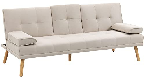 HOMCOM Schlafsofa, 3-Sitzer Sofa, Schlafcouch mit Klappbarem Tisch, Becherhalter, Bettsofa mit Leinenoptik, Couch Gästebet für Wohnzimmer, Beige