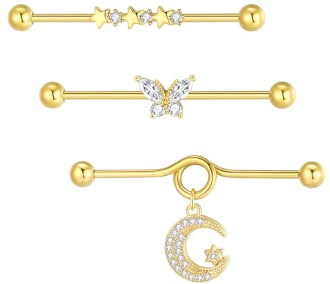 Besyvvin 2Piezas Indusrial Piercing Orechini 38mm Acero quirúrgico 14G Oro Scaffold Piercing Barbell Arrow Mariposa Pendiente Piercing Joyería