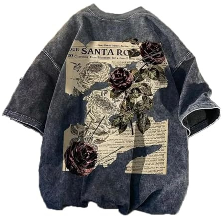 Dynict Unisex Y2k T-Shirt Rose Letter Print Oversized Graphic Tees Short Sleeve Gothic T-Shirts Grunge Clothes (XX-Large)