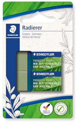 STAEDTLER Radierer, Radiergummi aus bis zu 56% natürlichem- und nachwachsendem Anteil, phthalat- und latexfrei, Schiebemanschette, Größe 43x19x13 mm, 2 olivgrüne Radierer auf Blisterkarte, 526 83BK2