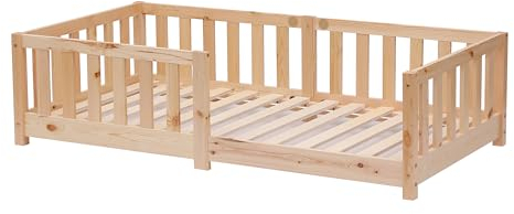 ecomi® Kinderbett 80x160 Bodenbett Kinder Bett mit Rausfallschutz und Lattenrost für Kinder Kinderbetten für Mädchen und Jungen Massivholz Kiefer in Natur