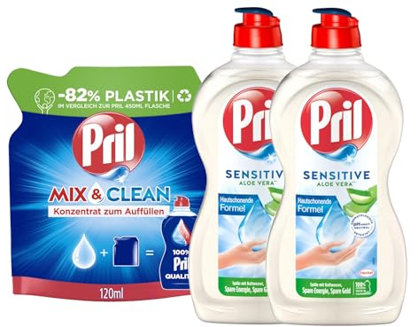 PRIL-Set 1x Original Konzentrat Mix & Clean Original (1x120ml) & 2x Sensitive Aloe Vera (2x 450ml), Handgeschirrspülmittel-Set mit höchster Fettlösekraft, für sauberes Geschirr