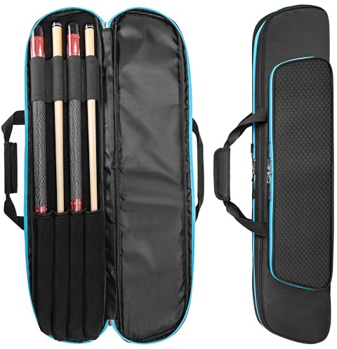 GOBUROS 2x2 Pool Cue Case for 2 Bases and 2 Poles, Soft Cue Holder with Front Accessory Pocket, Pool Cue Bags with Shoulder Strap for Easy Carry (Blue)