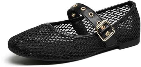 hingswink Black Mary Jane Shoes Women Fishnet Mesh Ballet Flats with Strap Buckle Closed Toe MaryJanes Ballerina Flats for Women Dressy Comfortable, MeshBlack8.5