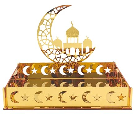 Ramadan bricka Eid serveringsbricka, akryl spegel ansikte mat servering servis bricka islam Eid Mubaraks bricka måne och slott mat efterrätt bricka för Eid-bord ramadan bordsdekoration