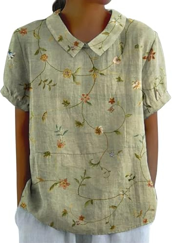 Tuniques de mariage en lin Haut en lin à manches 3/4 T-shirts décontractés à col en V pour femme Imprimés floraux Tunique quotidienne