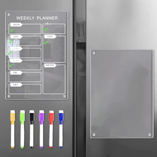 WOUYTPE 2 stycken veckoplanerare i akryl, A4-veckoplanerare, magnetisk, akrylkylskåpsplanerare, lämplig för inspelning av To-Do, dagplaner och inköpslistor, med 6 whiteboardpennor