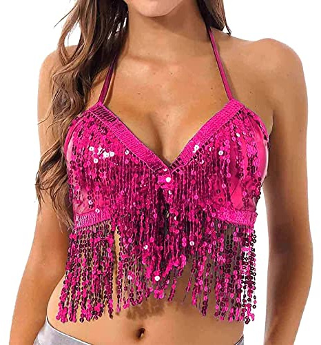 Top Set Negro Mujer Danza del Vientre Lentejuelas Sujetador Borla Ropa Cuello Halter Tops Camiseta Mujer 48, Rosa intenso., A