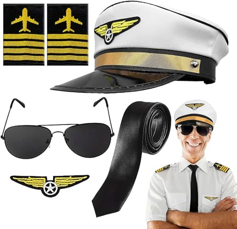 Kit de costume de pilote de ligne et hôtesse de vol | Chapeau de capitaine en polyester - Lunettes de soleil - Emmanchures cravate - Badge pour adultes