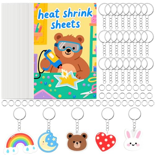 LECEHIVO 40 Pcs Shrink Plastic Sheets DIY Handprint Keychains Shrinky Art with 40 Keychain and 120 Jump Rings Shrink Films Papers for Kids Mother’s Father’s Day Gifts