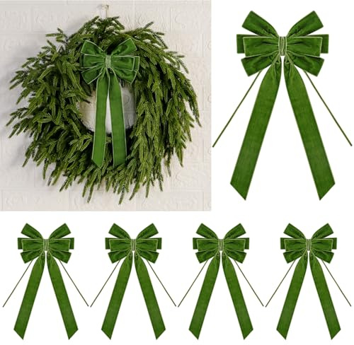4 Pcs Luxury Christmas Velvet Bows - 15 x 6.5 Inch Vintage Tree Topper Bow for Gift Wrapping Xmas Tree Wreath Garland Wall Cabinet Fireplace Staircase Wedding Home Decoration (Moss Green)