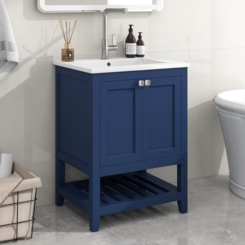 Doyisy Mueble de baño individual con armario bajo de 60 cm con lavabo de cerámica 61 x 46 x 90 cm (azul)