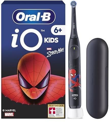 Oral-B iO Kids 6+ Marvel Spiderman - Spazzolino elettrico con 1 testina di ricambio, 1 custodia da viaggio, timer musicale e 3 modalità con modalità super sensitiva, per bambini dai 6 anni in su