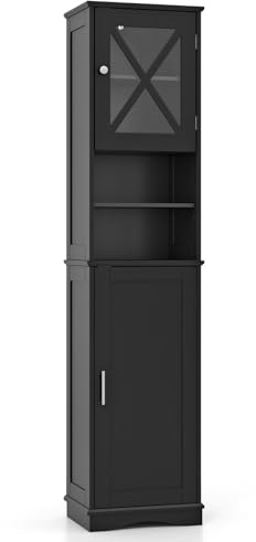 LIFEZEAL Mobile Bagno Salvaspazio, Colonna Bagno Alto e Stretto, 40x30x170,5cm, Credenza Cucina, Armadio Dispensa, Mobiletto, con Ripiani Regolabili, Scomparti, 2 Ante, in Legno, Max 80kg (nero)