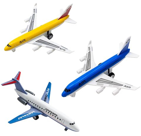 WORUIB 3 Pack Aeroplane Toys, Alloy Toy Planes for Kids Ages 3-6, Durable White Blue Yellow Toy Aeroplanes, Fun Airplane Toys for Indoor Outdoor Play, STEM Learning and Birthday Gifts