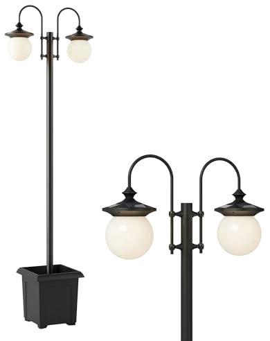 Outsunny Farola Solar Exterior de Jardín con Macetero 2 Cabezales Impermeable IP44 Encendido/Apagado Automático y Altura Ajustable Luz Solar de Exterior LED para Terraza Patio 53,5x30x182 cm Negro