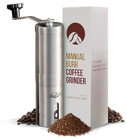JavaPresse Manual Stainless Steel Coffee Grinder - 18 Adjustable Settings, Portable Conical Burr Grinder for Camping, Travel, Espresso - With Hand Crank