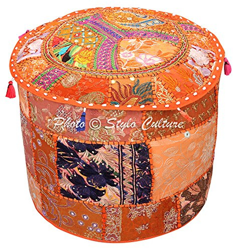 Pouf Siège Vintage Couverture Orange Indien Brodé Patchwork Coton Traditionnel Tissu Rond Pouf Ottoman Couverture (16x16x13 Pouce) 40cm