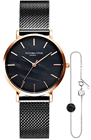 VICTORIA HYDE Schwarz Damen Quarz Uhren Armreifen Set Edelstahl