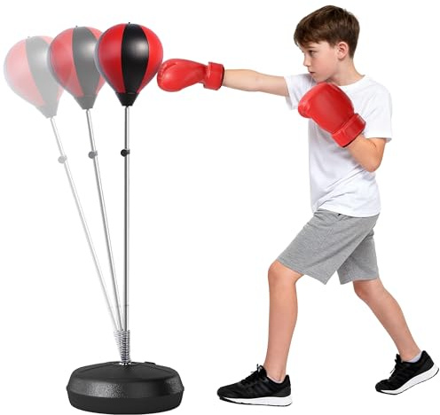 HOMCOM Punching Bag with Stand, 126-144 cm Height Adjustable Boxing Set Free Standing Speed Bag with Gloves and Air Pump for Teenagers Home Gym Workout