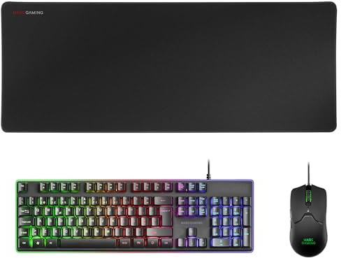 Mars Gaming MCPX, Combo Gaming 3en1 con Teclado H-Mech Iluminado, Ratón Ultraligero 10000 dpi con Software y Alfombrilla XXL, Compatible con PC, PS4, PS5, Xbox, Portugués, Negro