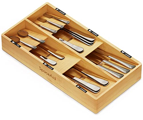 SpaceAid Bamboo Silverware Drawer Organizer with Labels, Kitchen Utensil Tray Holder Organizer for Flatware, Cutlery, Spoon and Knives Drawer Storage Organization (Natural, 6 Slots)